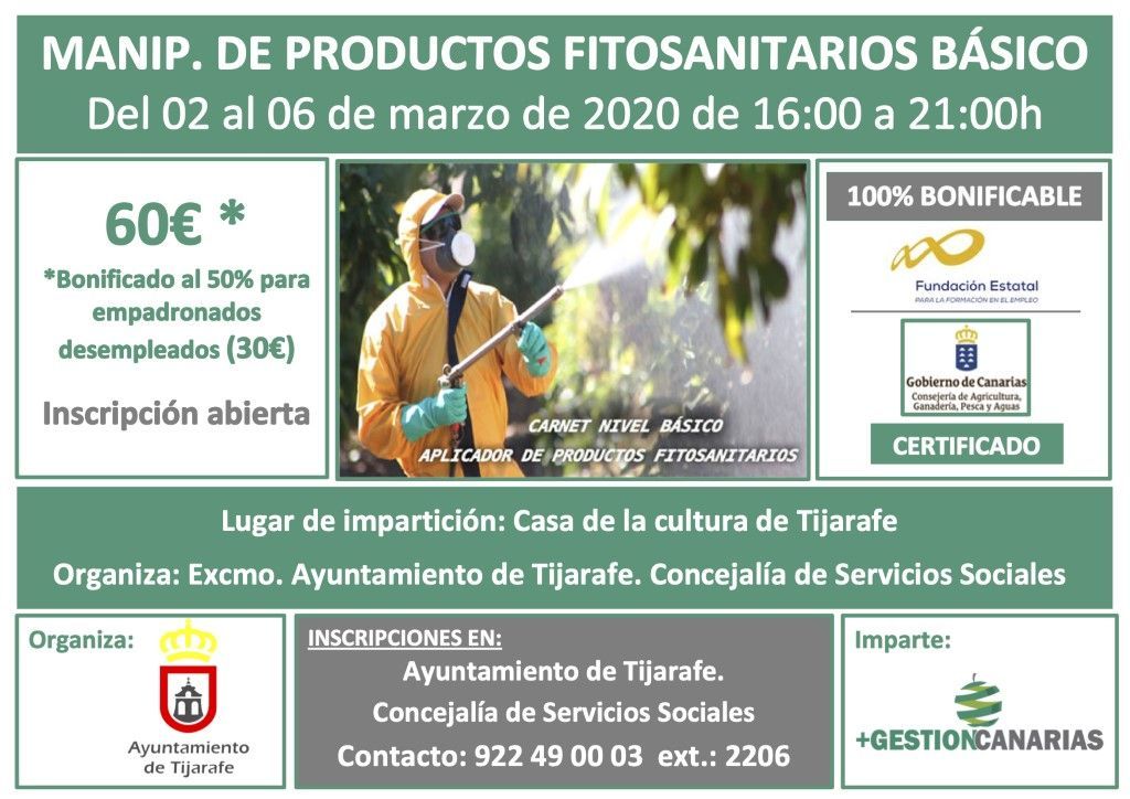 Curso de manipulador de productos fitosanitarios en Tijarafe